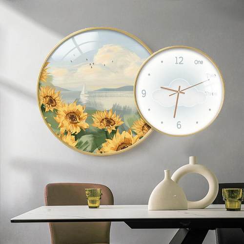 北欧风餐厅装饰画带时钟花卉风景客厅时尚创意装饰挂钟静音钟表画