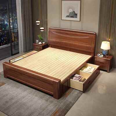 中床式胡桃木厚全实木床1LH-825床.8米双人现代简约软包高箱储物