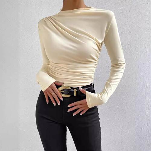 Women's Plain Ruched Mock Neck Tee Casual Long Sleeve