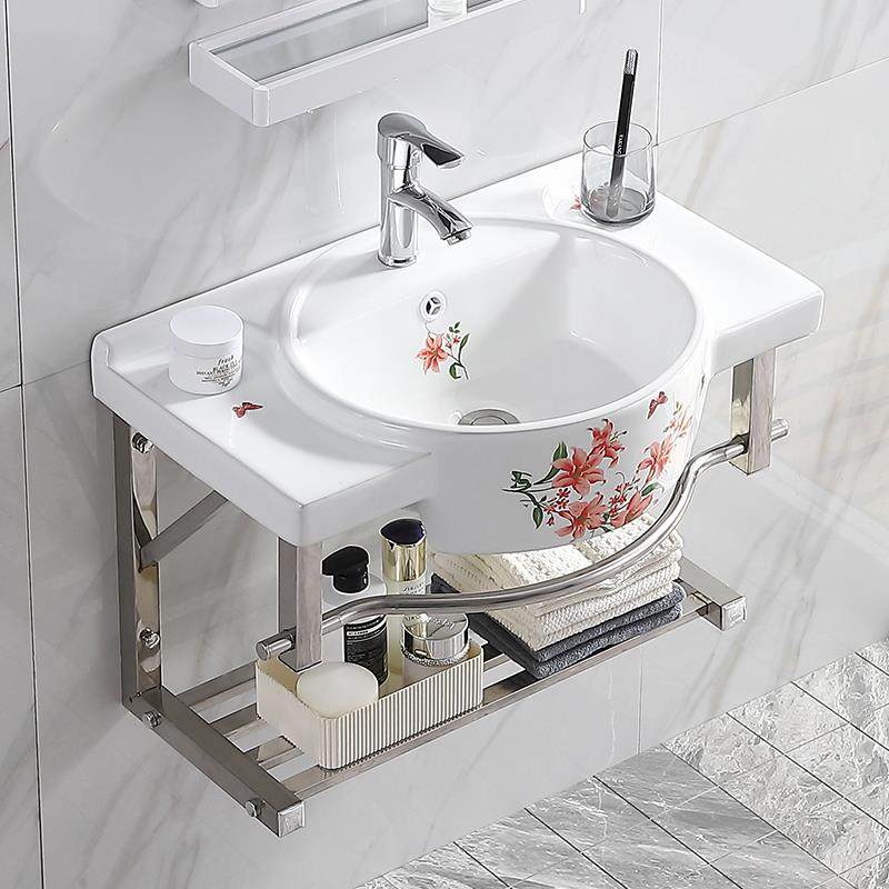 家用小户型陶瓷洗手盆卫生间挂墙式洗脸盆酒店阳台不锈钢架洗漱台