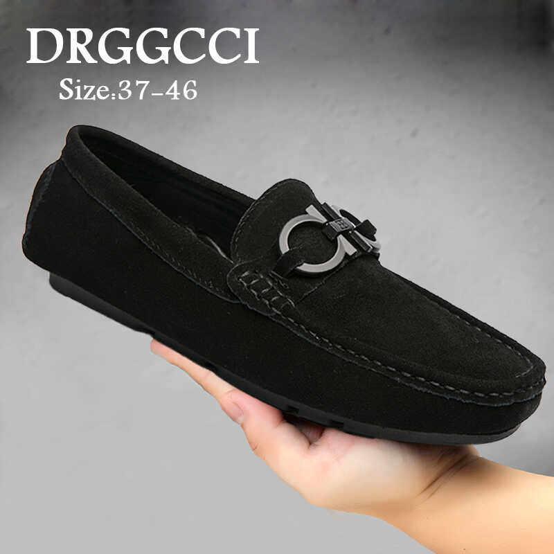 DRGGCCI豆豆鞋男春秋季新款豆豆鞋磨砂复古真皮一脚蹬鞋驾车男鞋