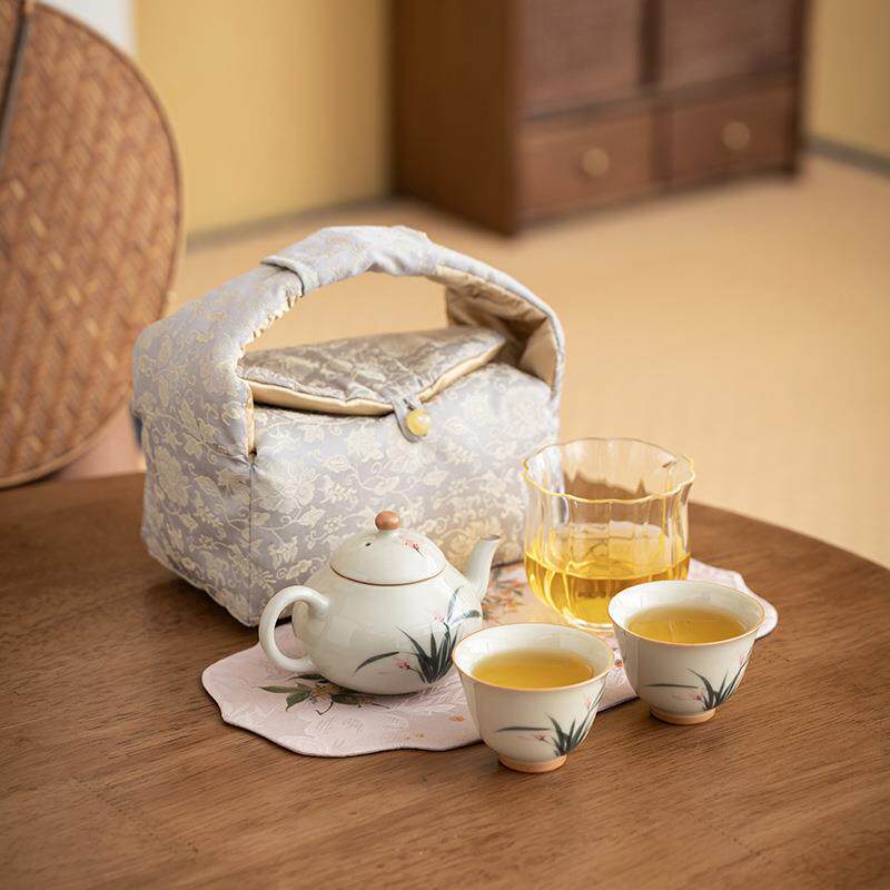 草木灰手绘兰花一壶两杯釉下彩高温陶瓷家用功夫旅行茶具布包套组