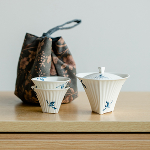 拓土旅行茶具创意布袋便携泡茶器功夫茶具纯手绘蝴蝶兰花盖碗茶杯