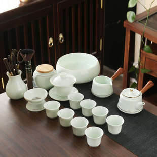 家用办公高档简约盖碗侧把茶壶茶道洗茶盘 功夫茶具陶瓷玉翡翠套装