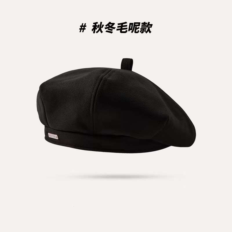 黑色贝雷帽女2023秋冬季新款日系大头围显脸小八角帽画家帽子