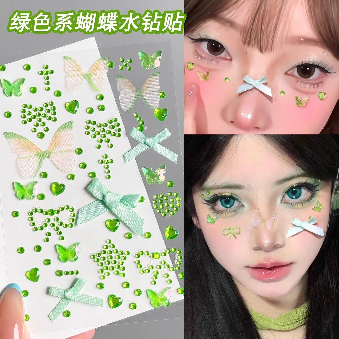 王源演唱会应援妆绿色丝带蝴蝶结爱心贴钻脸上贴饰品水钻亮钻贴脸