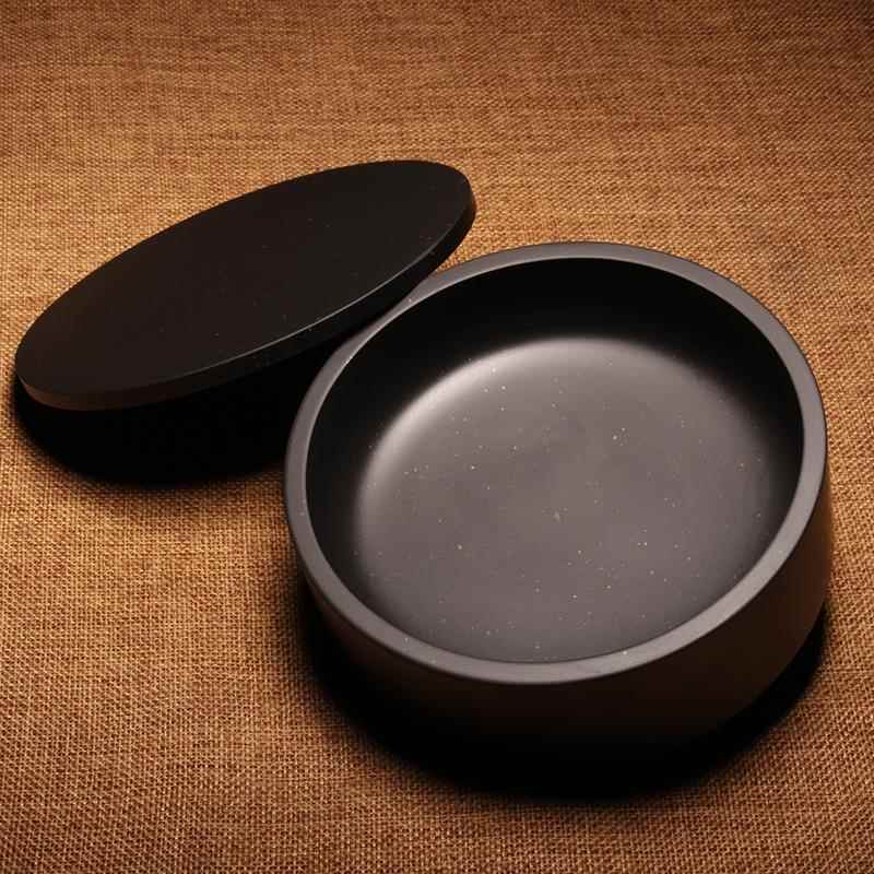 新款品带盖砚台/封大容量加深精墨海歙原石细雨砚金星石制作实用图片