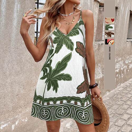 Women V Neck Sleeveless Spaghetti Strap Dress Casual Boho