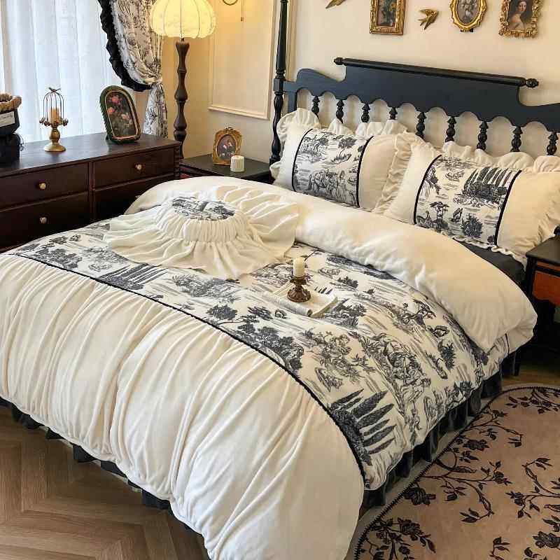 高档法复古冬季加绒加厚牛奶绒式四套公主风花被套毛绒边件珊瑚绒