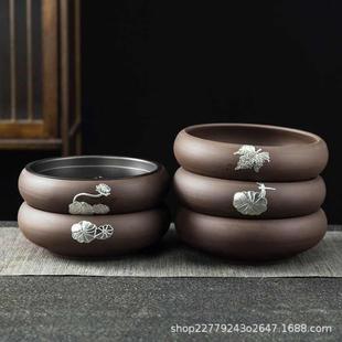 紫砂茶渣缸家用茶洗带盖复古建水钵型过滤桶壶承水孟小号水洗配件