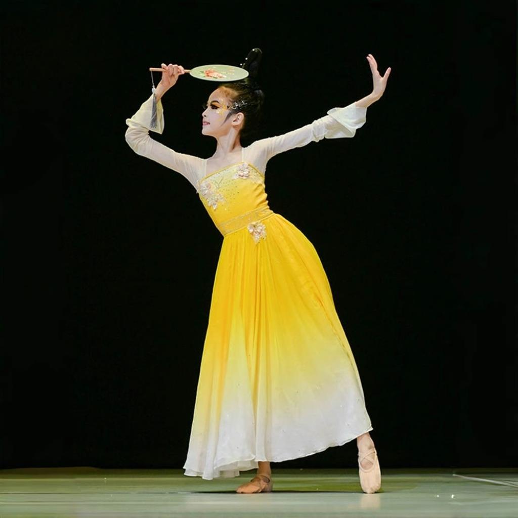 高档儿童舞演出服古桃李杯嬉闹舞蹈服大目裙摆剧服装典扇子舞表演