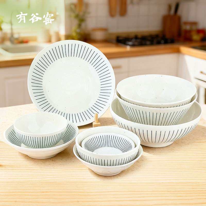 有谷窑进口粉引绀十草釉下彩陶瓷日式餐具饭碗面碗斗笠碗深钵菜盘
