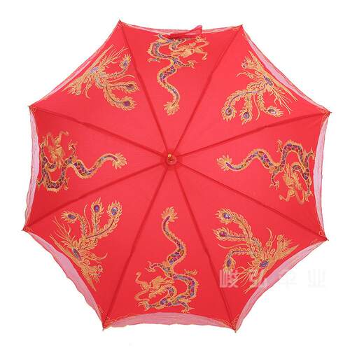 新款蕾丝新娘伞防晒晴雨伞遮阳婚庆长柄伞绣花结婚红伞厂家