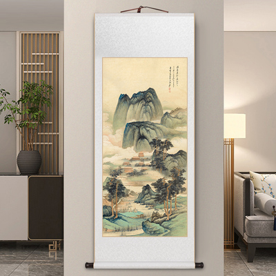 张大千晴霭仙阁玄关画名家卷轴挂画新中式客O厅装饰画办公室山水
