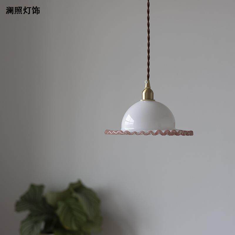 复古法式手工花边玻璃小吊灯中古全铜餐厅吧台床头玄关过道吸顶灯