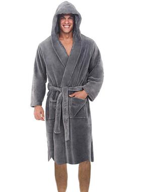 Men's Gray Plain Coral Fleece Hooded Bathrobe, Fitted