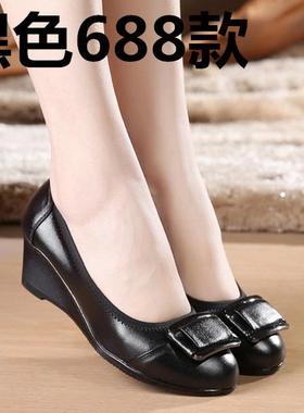 高档春季皮真皮闲妈妈单鞋中跟粗跟软底圆年休头女士鞋中老防滑春