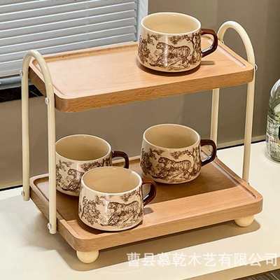 现货木质水杯收纳展示架家用双层马克杯咖啡杯置物架木质摆件支架
