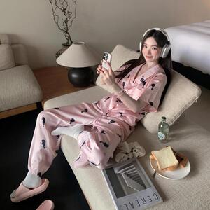 韩国东大门睡衣女夏短袖长裤冰雪丝凉感高级小黑猫外穿家居服套装