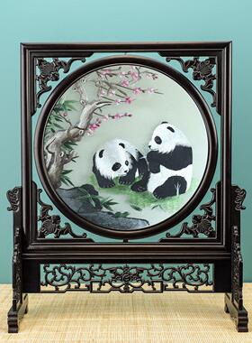 苏州手工双面绣花屏风实木桌苏州绣花屏风中国创意工艺刺绣礼品饰