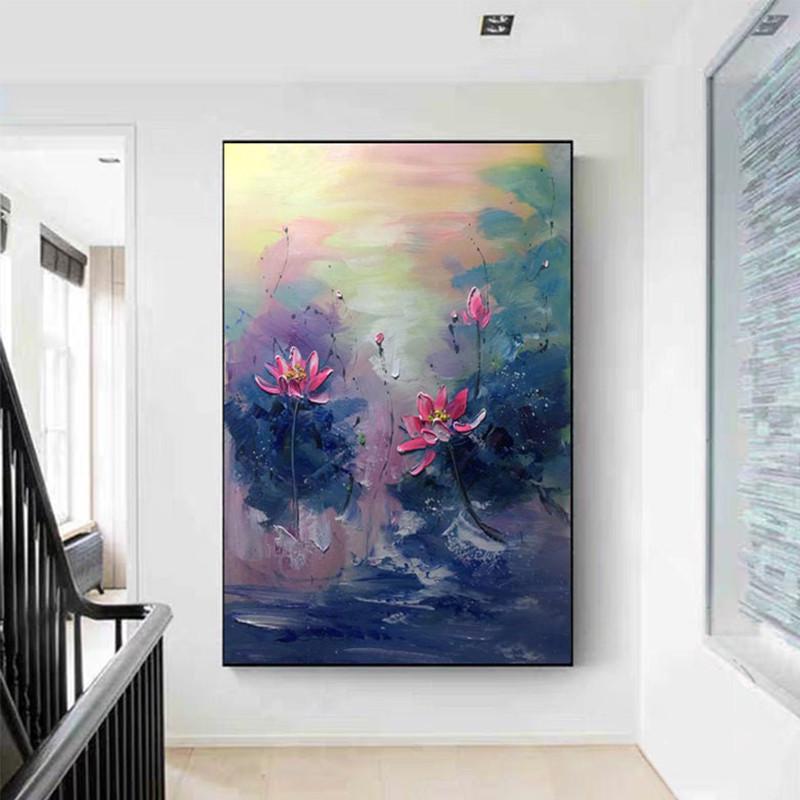纯手绘玄关油画抽象荷花睡莲肌理花卉简约客厅餐厅挂画卧室装饰画图片