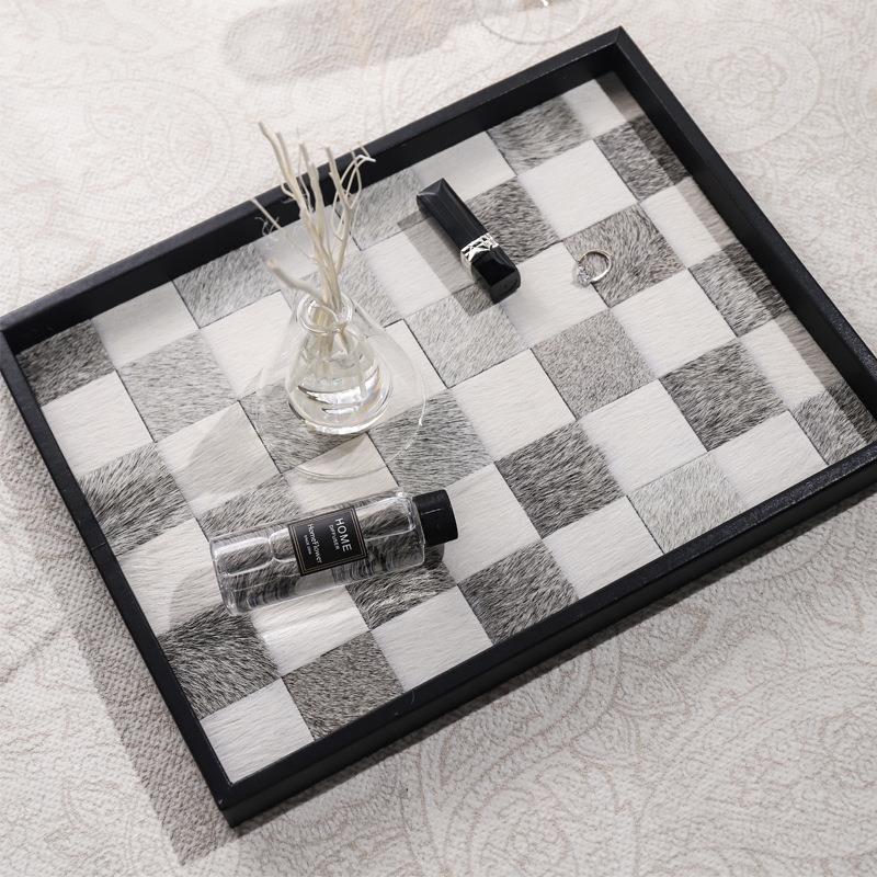 多莫家居香薰马毛棋盘格托盘摆件ins风北欧首饰咖啡杯桌面收纳盘