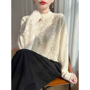 美爆瞭温柔蕾丝边花边高领提花毛衣洋气打底衫 1219e 内搭针织衫