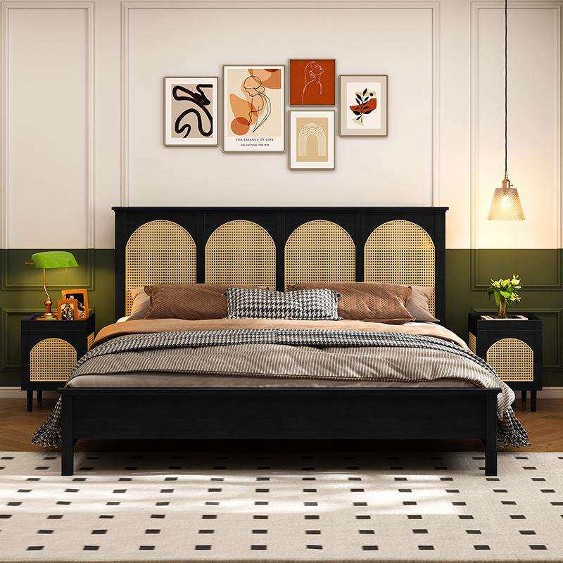 法式复古床主卧室双人床欧美式黑色轻奢婚床架民宿1米8实木藤编床