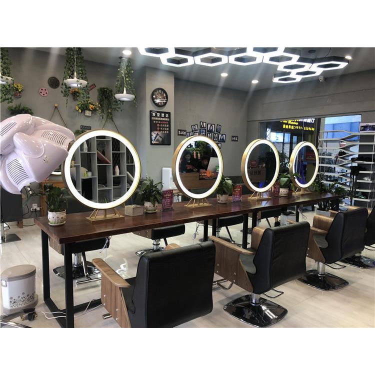 覆古美发镜台专用化妆镜理髲店烫染桌工业风实木美发桌带灯双面镜