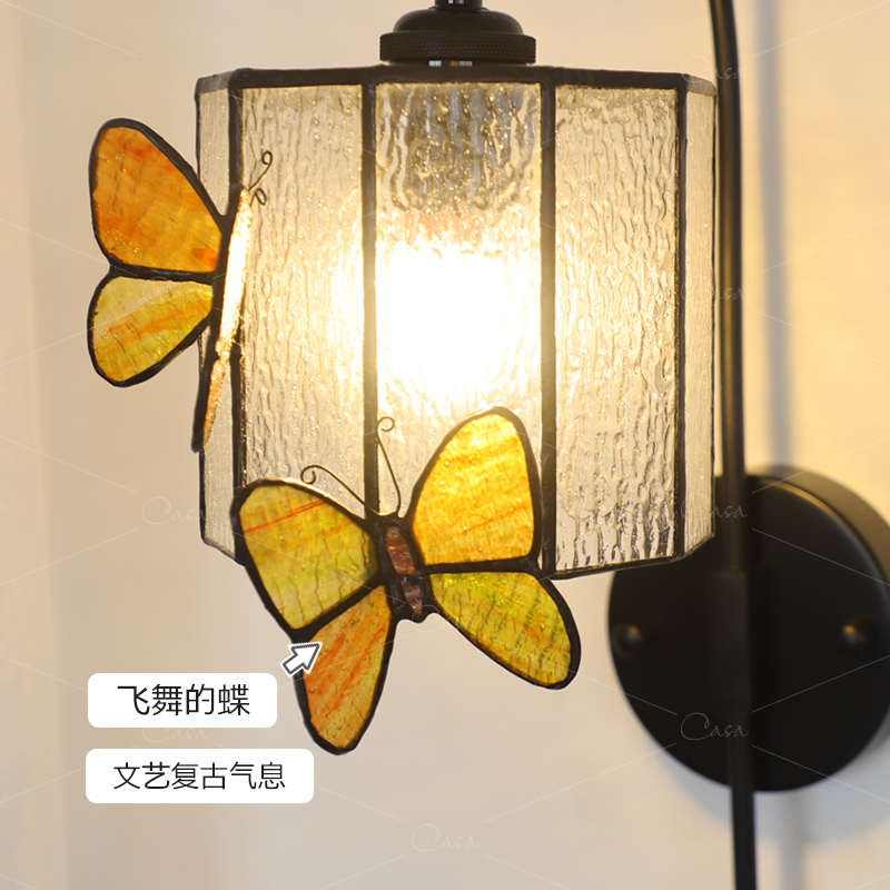 法式蝴蝶床头壁灯复古主卧中古玻璃灯具创意卧室氛围装饰灯具casa