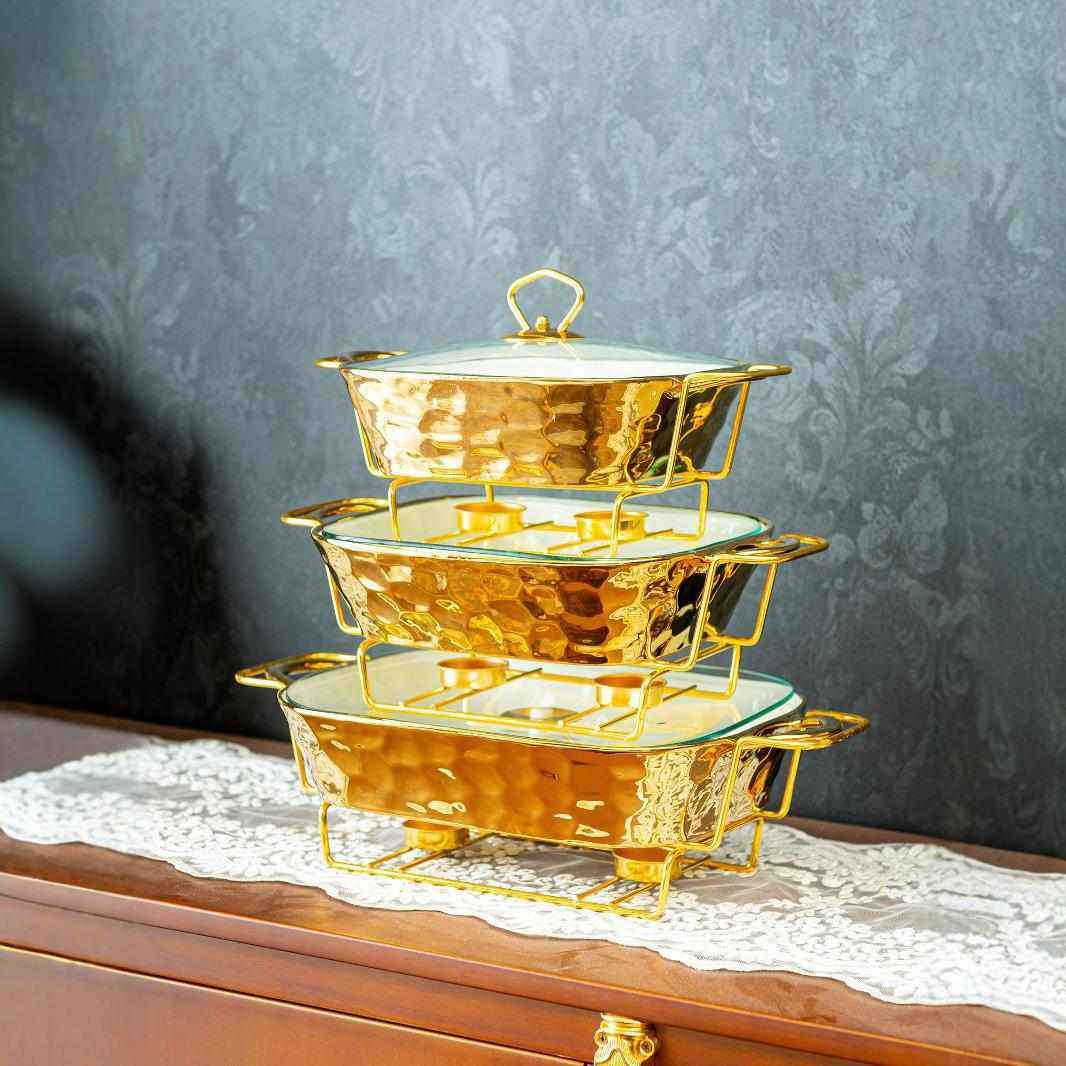 casserole金色石头纹烤盘长方形陶瓷烤盘加热干汤锅bake ware