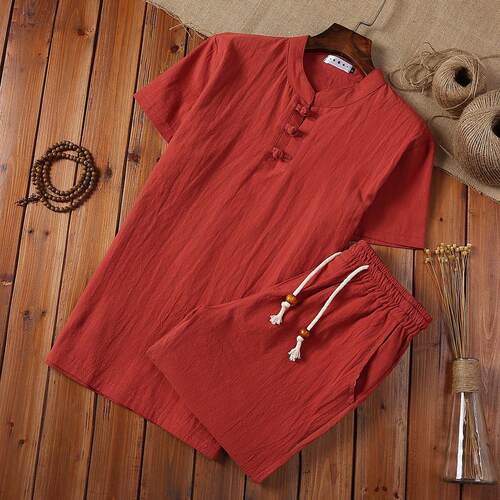 Men's standing collar short sleeved shorts cotton and