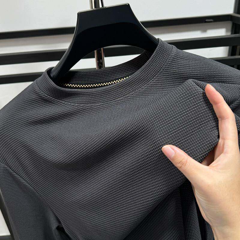 高端时尚华夫格卫衣男百搭纯色打底衫春秋季休闲长袖T恤圆领内搭