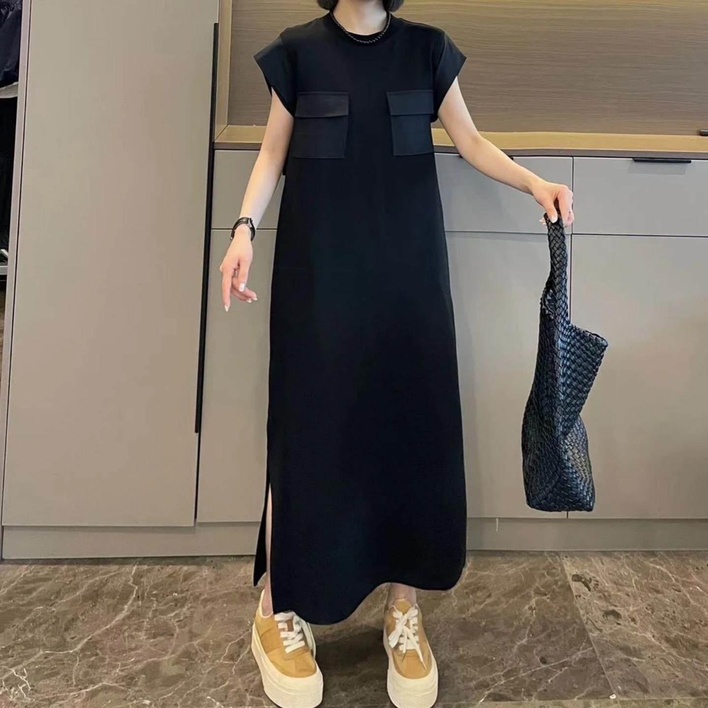 欧洲站直筒气质连衣裙女2026年夏季新款大码胖MM宽松黑色显瘦裙子