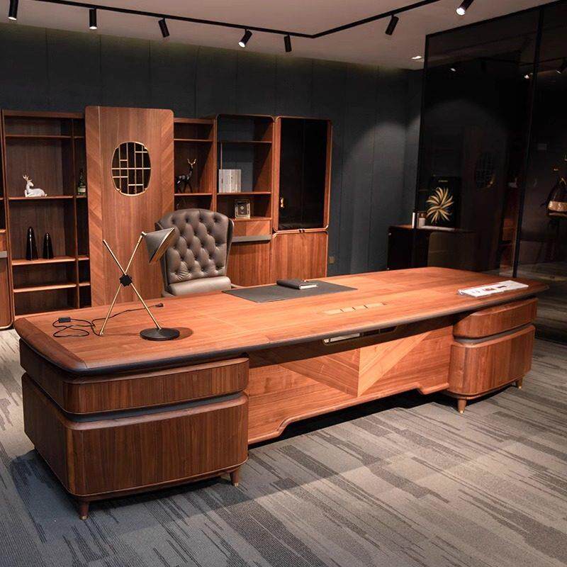 意式轻奢老板桌新中式办公桌椅大班台北美黑胡桃现代全实木董事长
