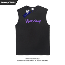 wassupwolf字母印花篮球背心男夏季无袖，t恤上衣情侣运动健身坎肩