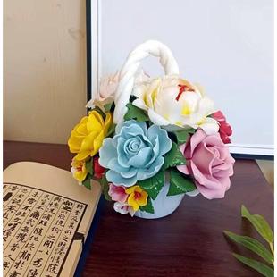 东方瓷土《花开富贵》陶瓷纯手工牡丹花篮装饰品摆件办公室客厅桌