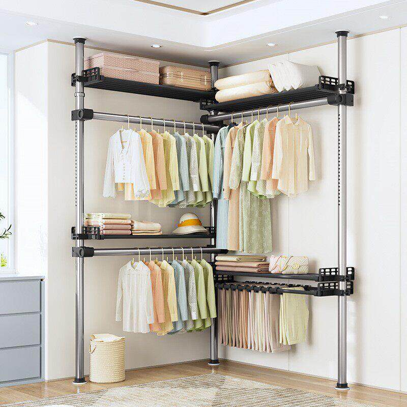 顶天立地衣架转角挂衣架宿舍落地免打孔拐角衣帽架简易衣柜出租房