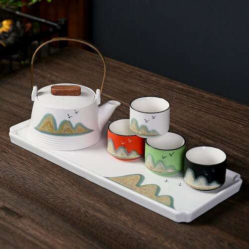 陶瓷手绘远山提梁壶侧把壶一壶四杯茶盘酒店客房民宿简约泡茶壶