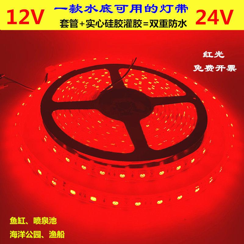 led12V红光套管灌胶高亮防水灯带24伏红色灯条鱼缸泳池水下用5米