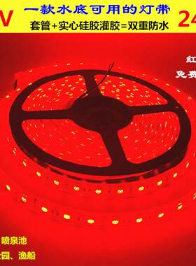 led12V红光套管灌胶高亮防水灯带24伏红色灯条鱼缸泳池水下用5米