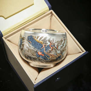 茶具礼品银杯子真银包银陶瓷鎏银四象神兽主人杯大号单杯茶盏茶杯