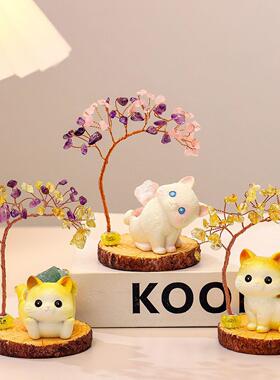 猫猫水晶发财树摆件黄紫水晶树家居客厅玄关装饰品文创礼品摇钱树
