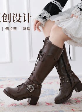 洛丽塔高靴中跟靴侧拉链花边舒适