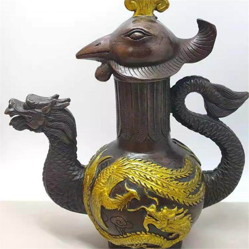仿古纯铜龙凤酒壶龙凤呈祥茶壶家居办公室摆设工艺品铜器杂项