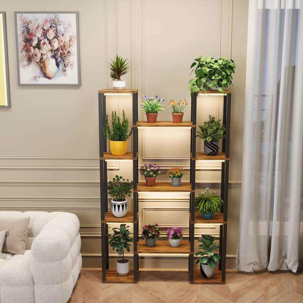 跨境铁艺花架子室内家用客厅落地式多层花盆架阳台花架置物架带灯