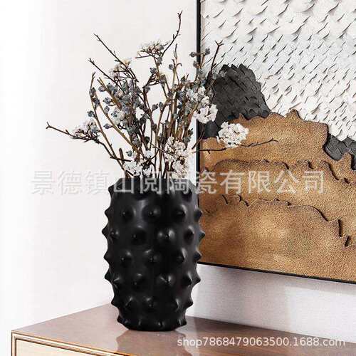 简约现代新中式黑色陶瓷海参花器仿真菠萝造型样板间客厅桌面摆件