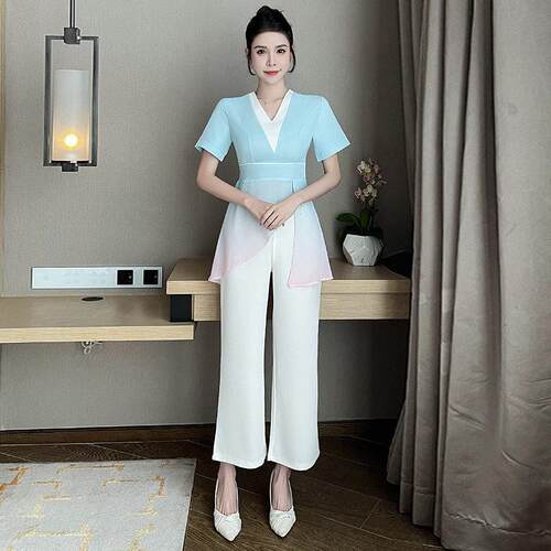 秋冬新款高级美容师采耳推拿时尚显瘦足浴按摩会所技师套装