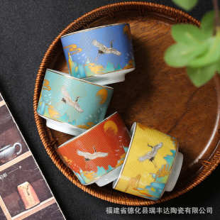 国潮风珐琅彩瑞鹤呈祥主人杯茶杯品茗杯功夫茶具 陶瓷羊脂玉中式