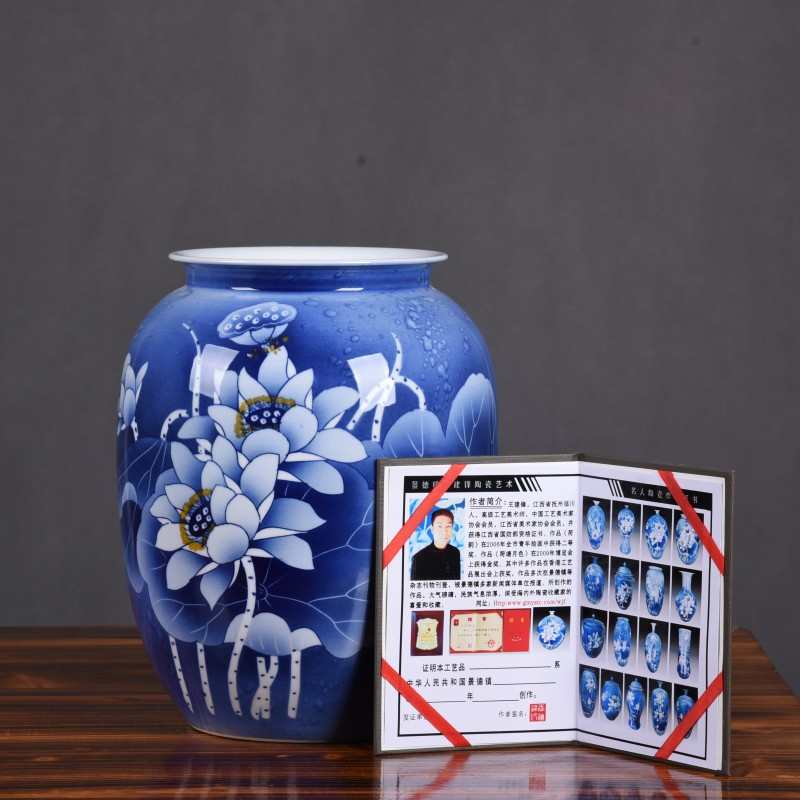 荷花摆件青花瓷客厅博古架中式插花名家陶瓷器手绘家居景德镇花瓶